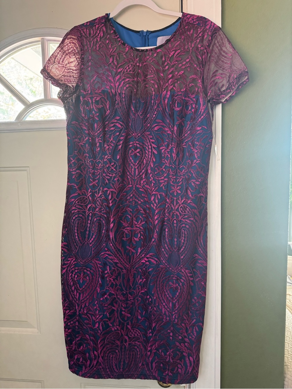 JS Collections Purple Lace-Overlay Midi Dress with Blue Base